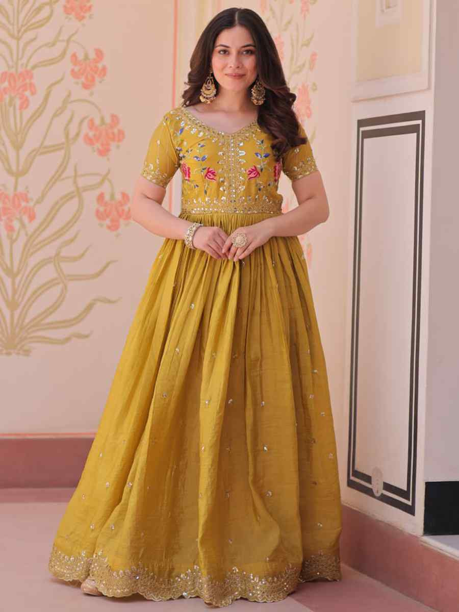 Yellow Gold Crush Silk Embroidered Festival Mehendi Gown