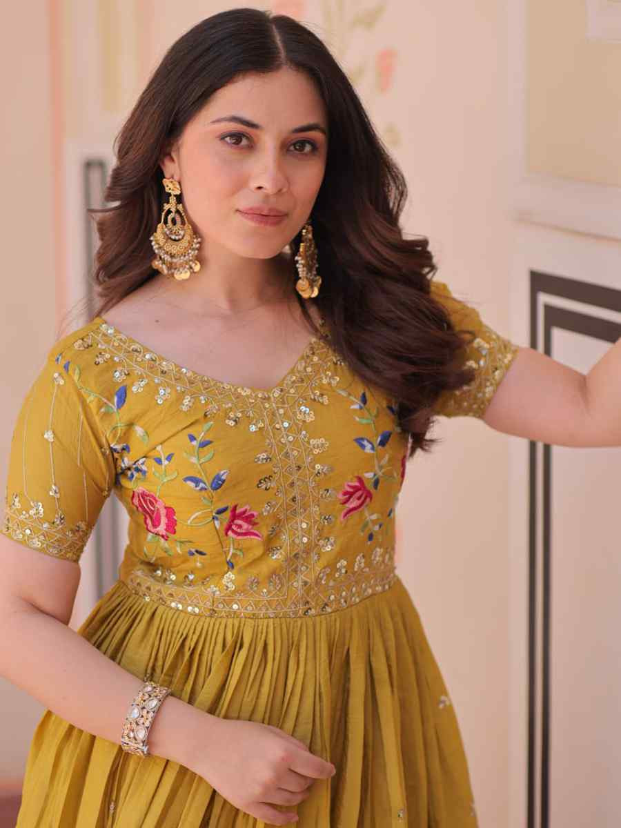 Yellow Gold Crush Silk Embroidered Festival Mehendi Gown