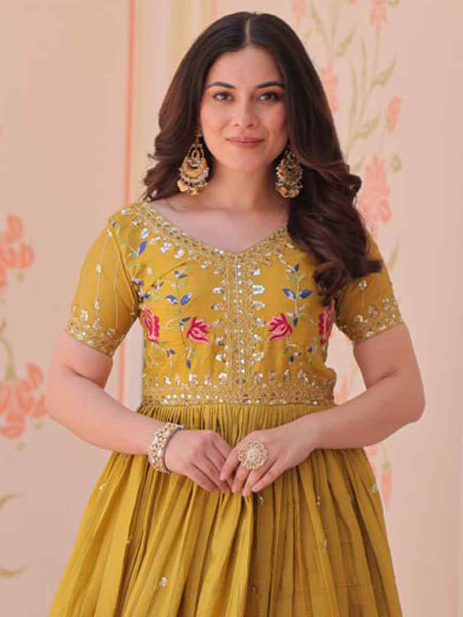 Yellow Gold Crush Silk Embroidered Festival Mehendi Gown