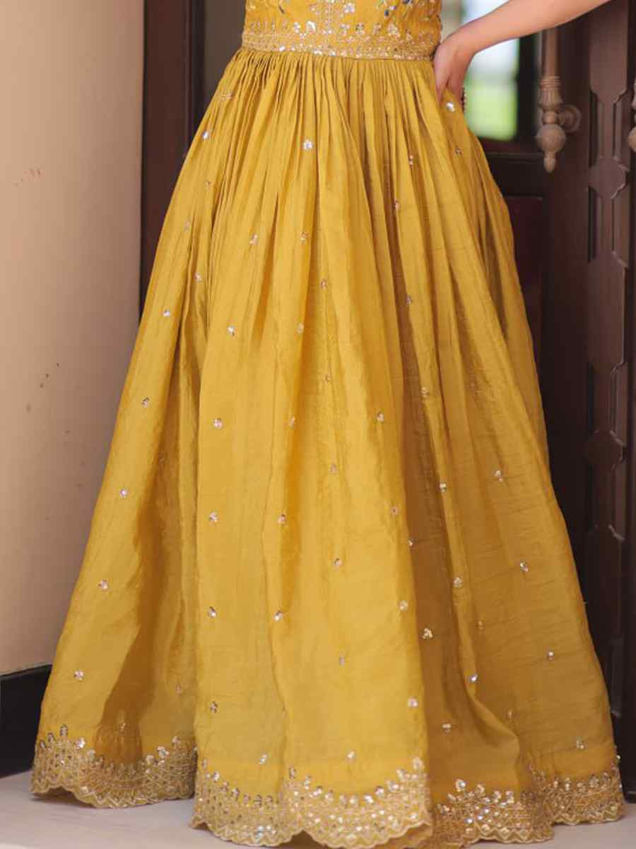 Yellow Gold Crush Silk Embroidered Festival Mehendi Gown