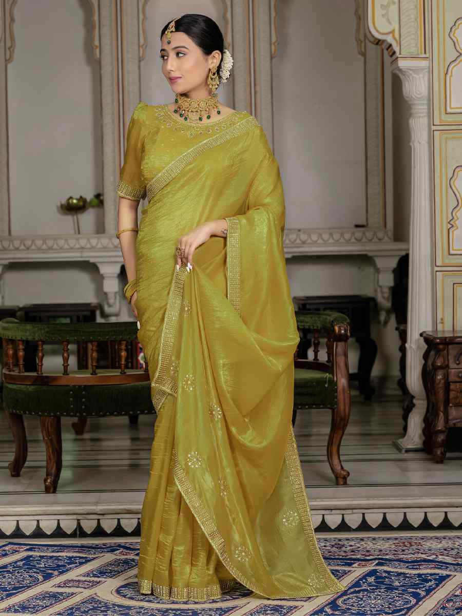 Yellow Gold Crush Silk Embroidered Festival Wedding Fancy Heavy Border Saree