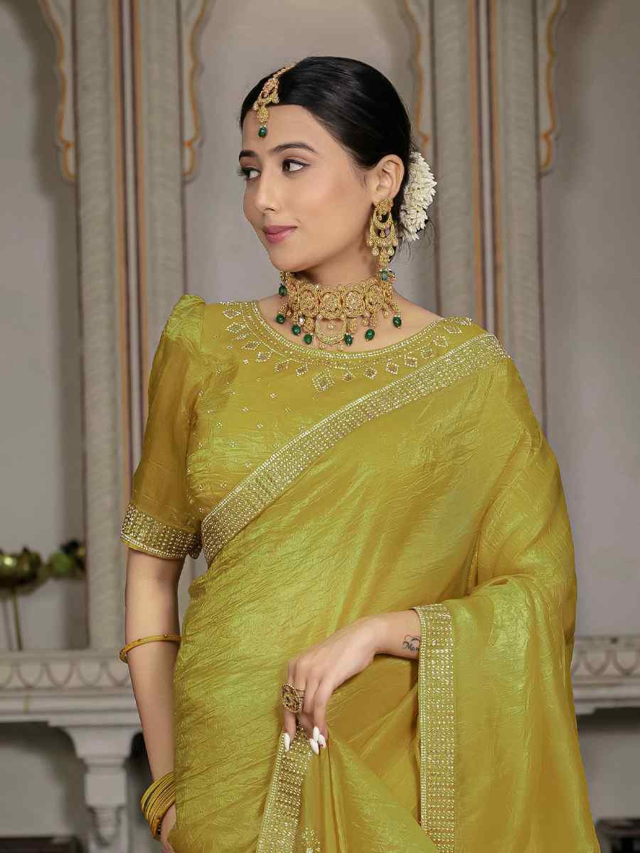 Yellow Gold Crush Silk Embroidered Festival Wedding Fancy Heavy Border Saree