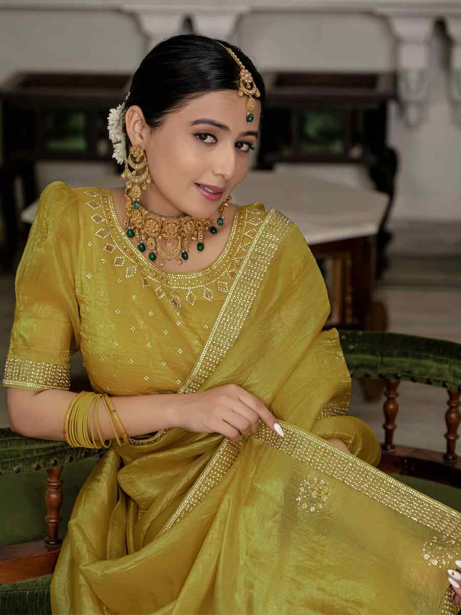 Yellow Gold Crush Silk Embroidered Festival Wedding Fancy Heavy Border Saree