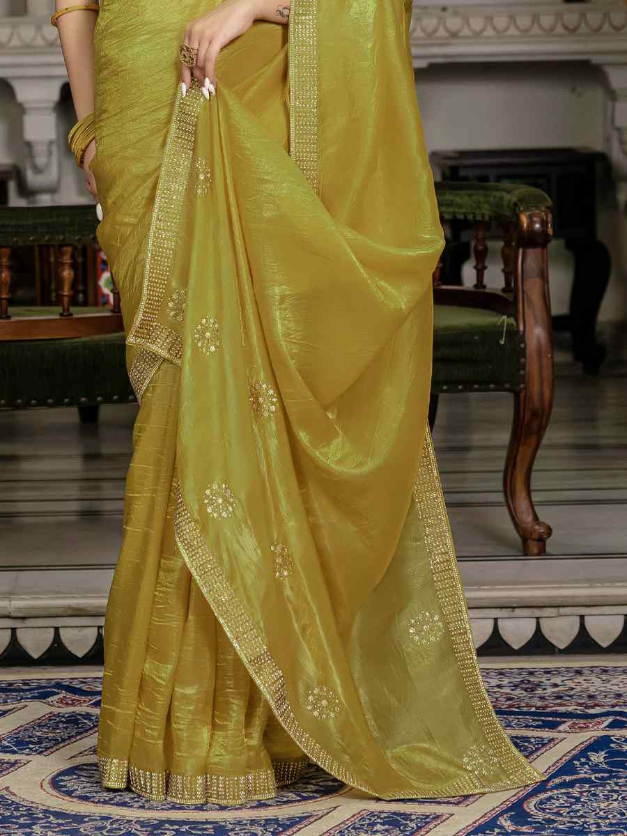 Yellow Gold Crush Silk Embroidered Festival Wedding Fancy Heavy Border Saree