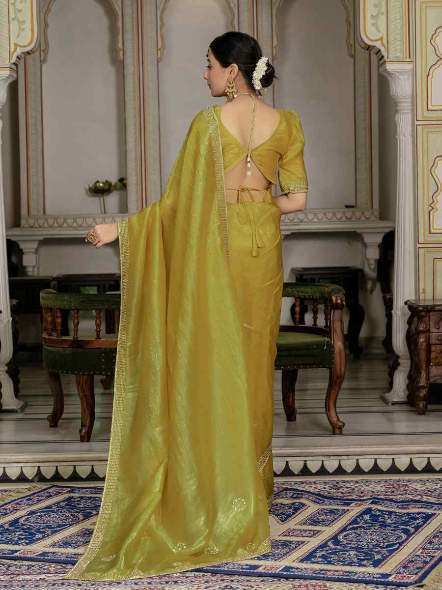 Yellow Gold Crush Silk Embroidered Festival Wedding Fancy Heavy Border Saree