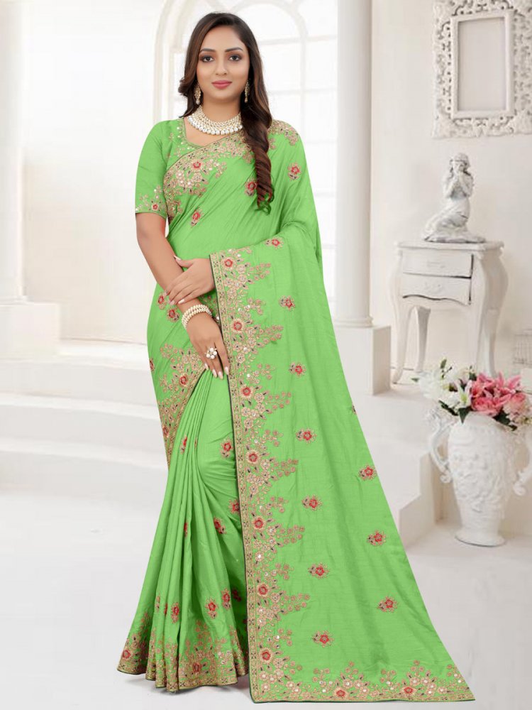 Yellow Green Dola Silk Embroidered Party Saree