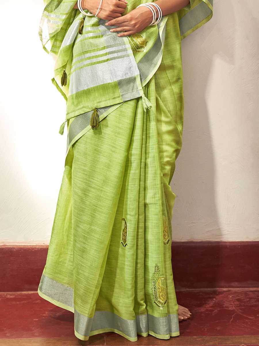 Yellow Green Linen Embroidered Festival Saree