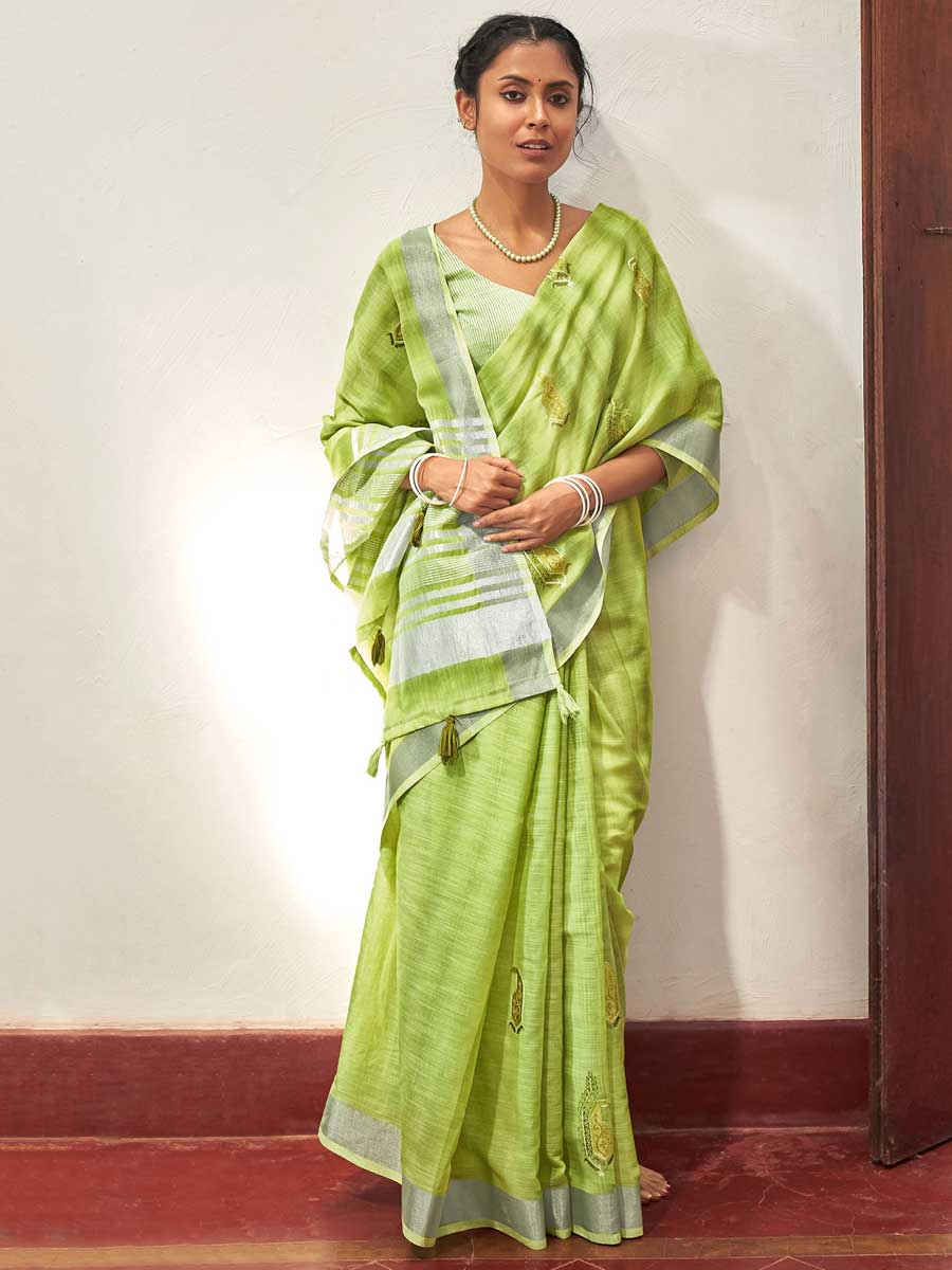 Yellow Green Linen Embroidered Festival Saree