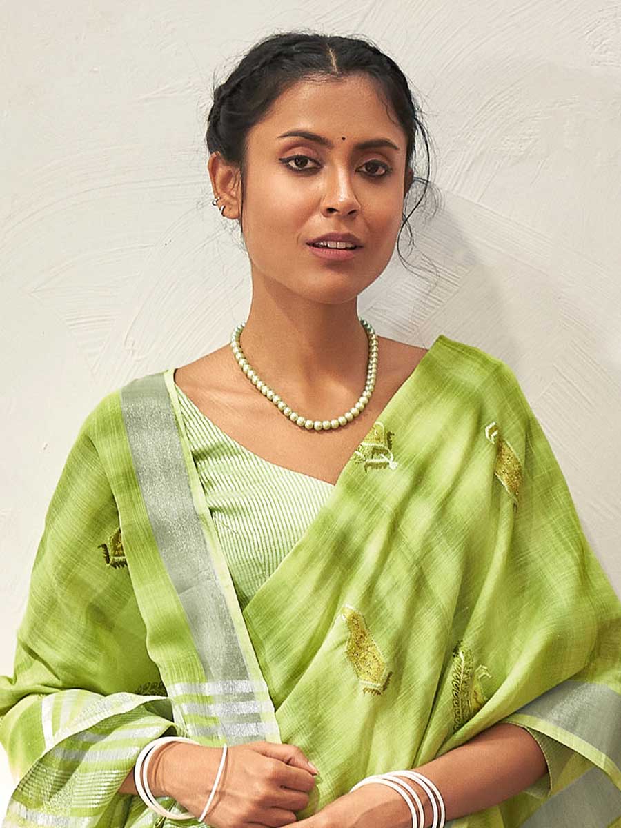 Yellow Green Linen Embroidered Festival Saree