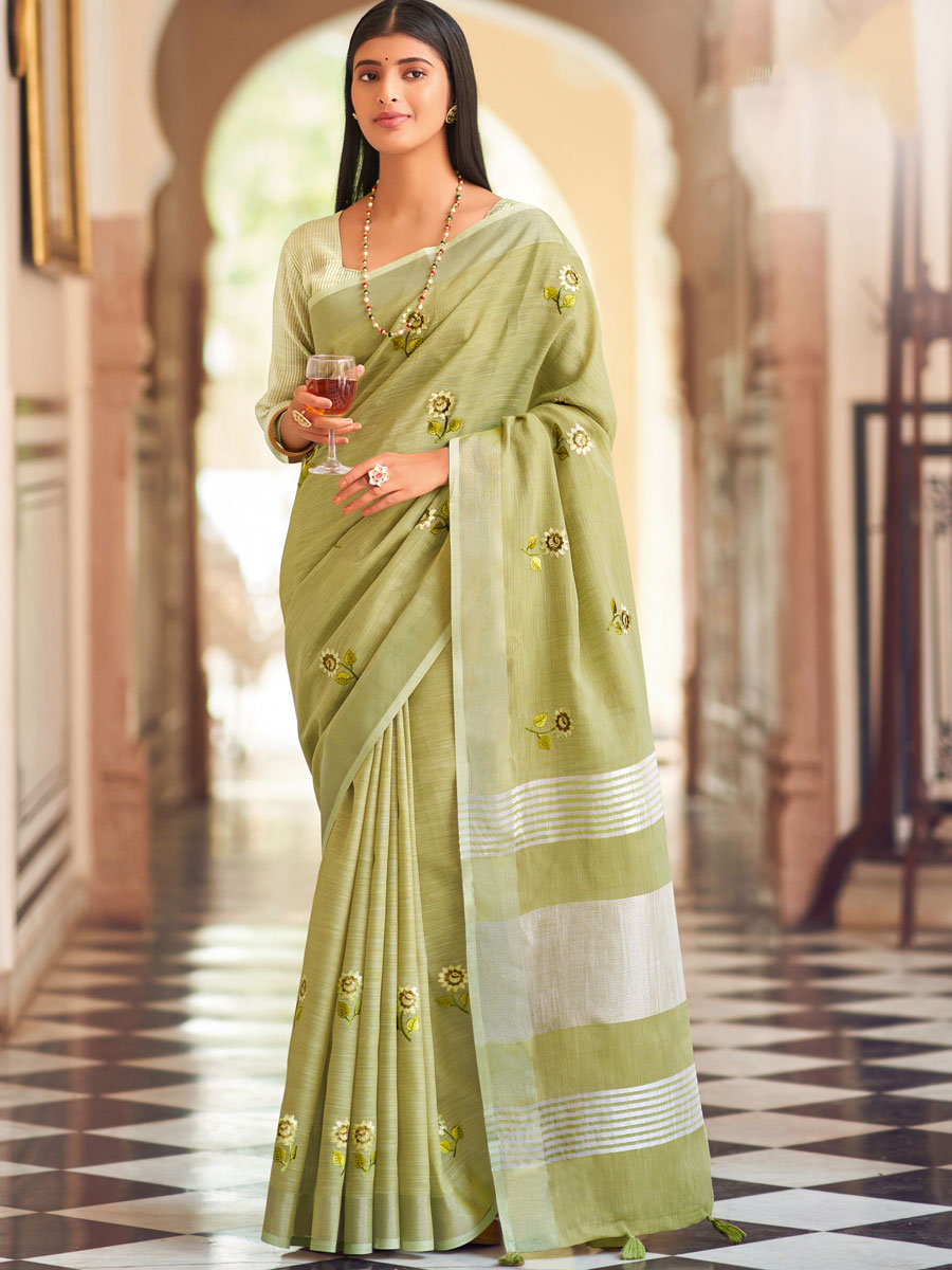 Yellow Green Linen Embroidered Party Saree