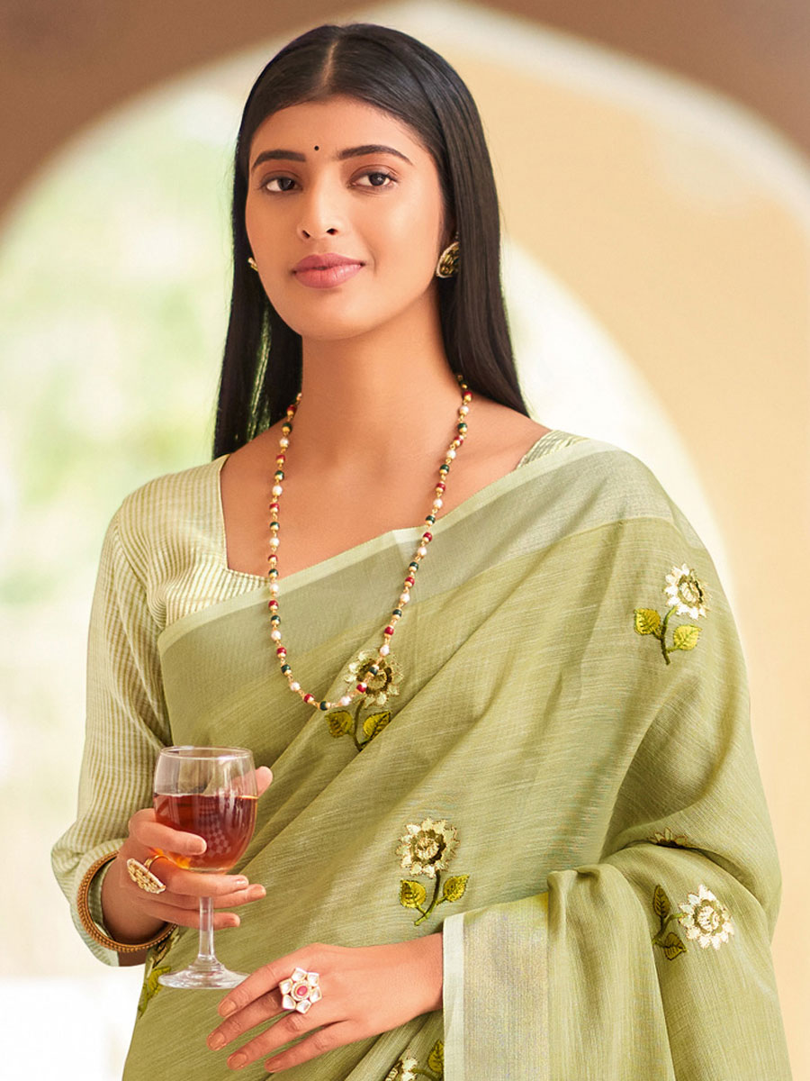 Yellow Green Linen Embroidered Party Saree