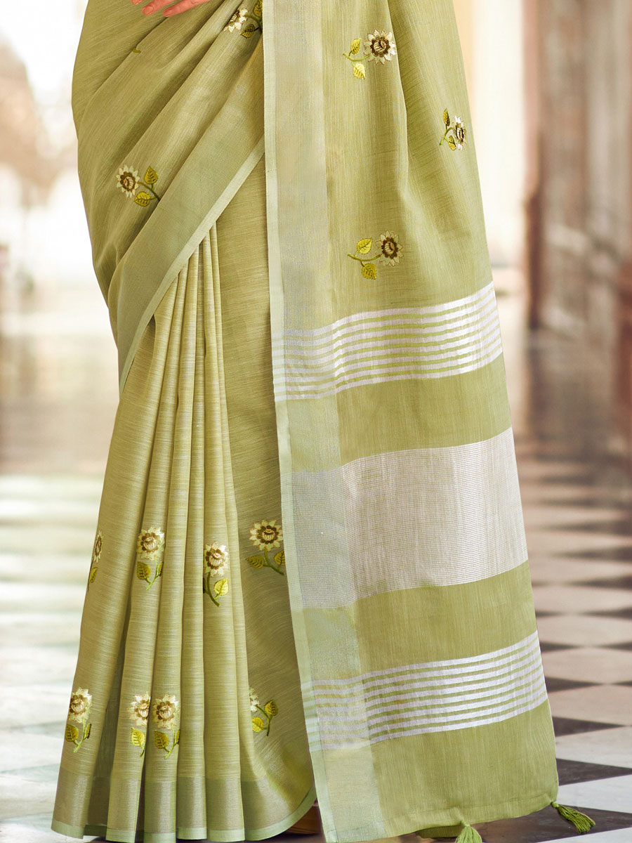 Yellow Green Linen Embroidered Party Saree