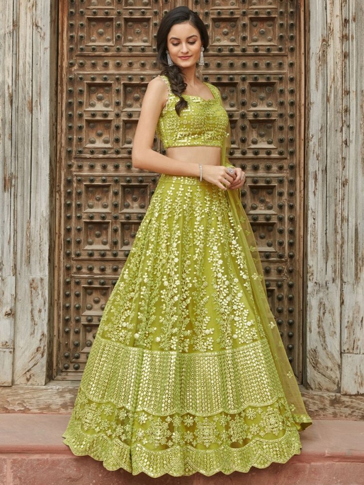 Yellow Green Organza Embroidered Party Lehenga Choli