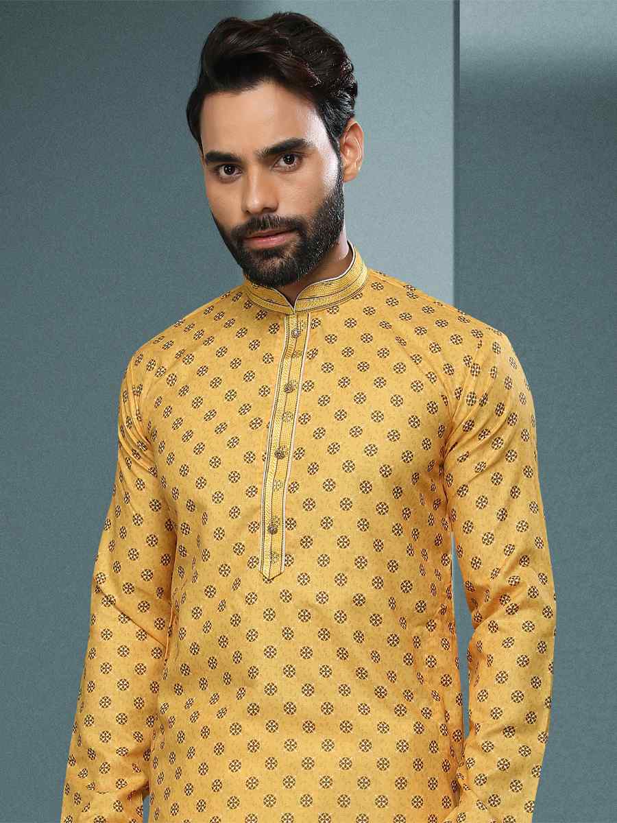 Yellow Hand Loomed In Rich Yarns Of Cotton Printed Festival Kurta