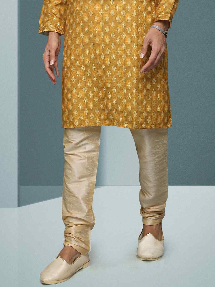 Yellow Hand Loomed In Rich Yarns Of Cotton Printed Festival Kurta