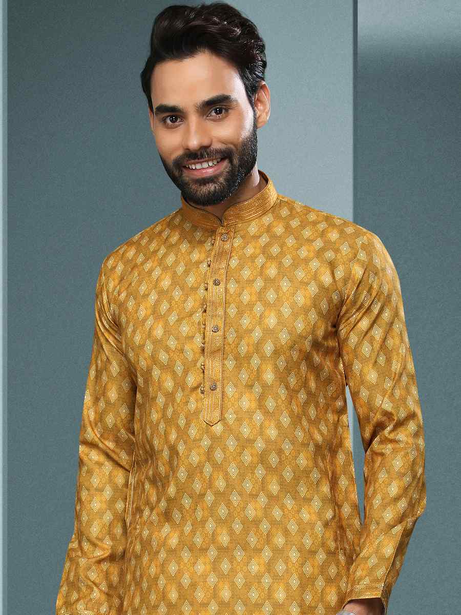 Yellow Hand Loomed In Rich Yarns Of Cotton Printed Festival Kurta