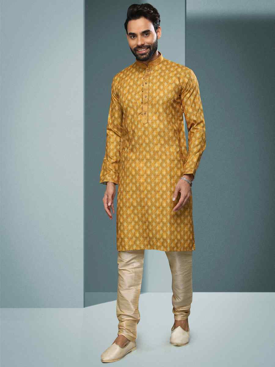 Yellow Hand Loomed In Rich Yarns Of Cotton Printed Festival Kurta