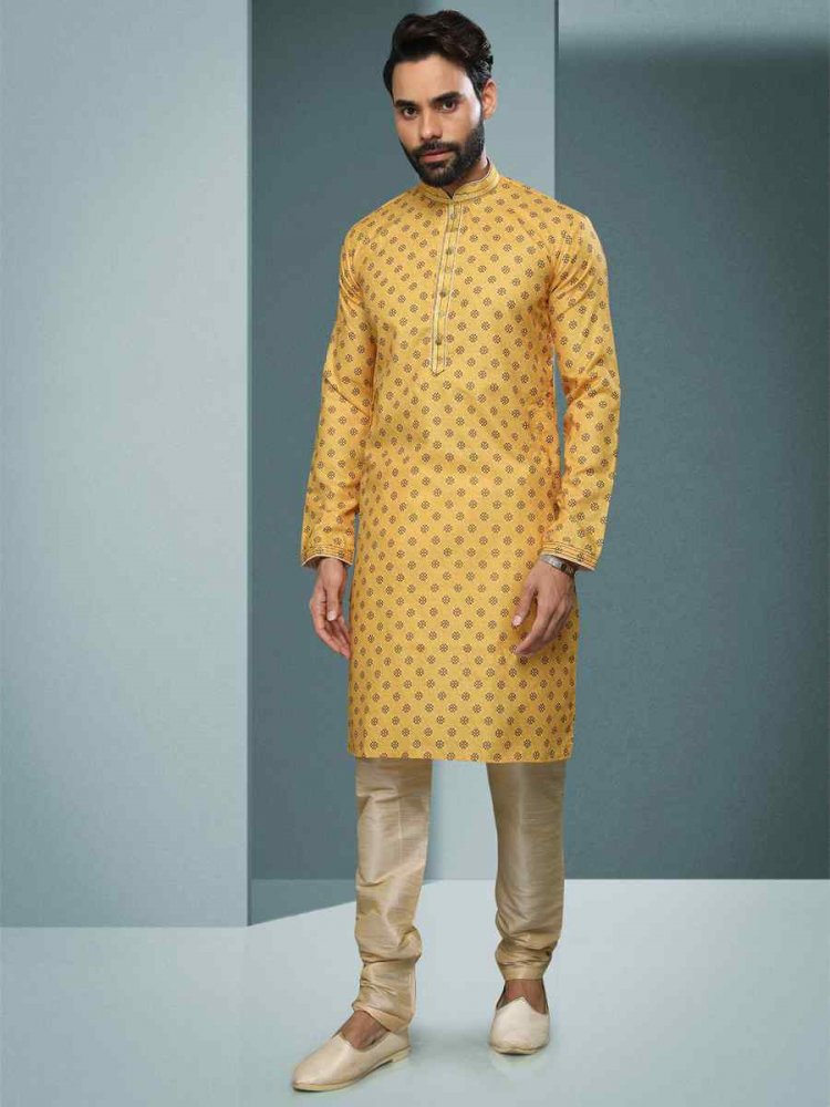 Yellow Hand Loomed In Rich Yarns Of Cotton Printed Festival Kurta