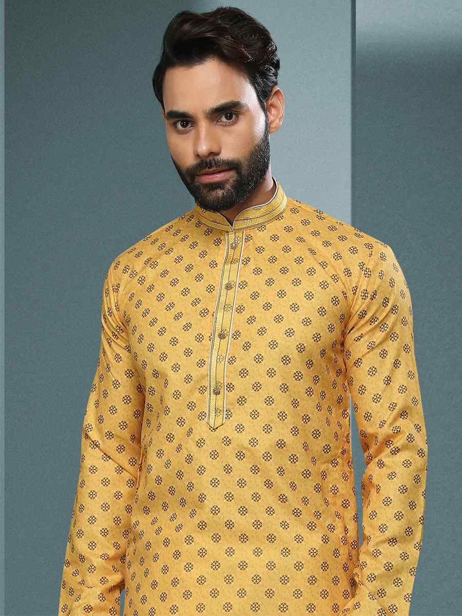 Yellow Hand Loomed In Rich Yarns Of Cotton Printed Festival Kurta