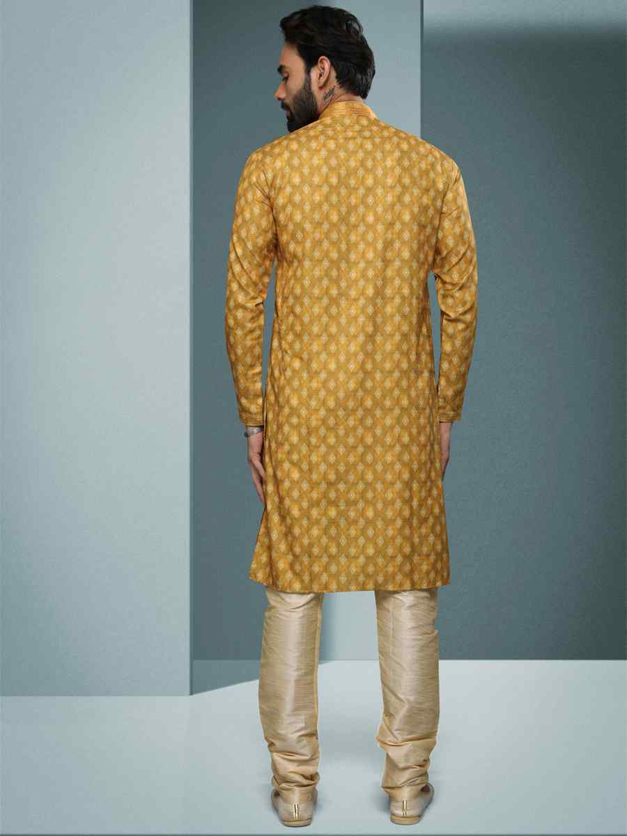 Yellow Hand Loomed In Rich Yarns Of Cotton Printed Festival Kurta