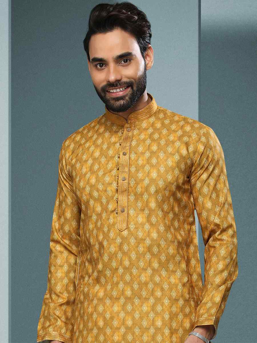 Yellow Hand Loomed In Rich Yarns Of Cotton Printed Festival Kurta