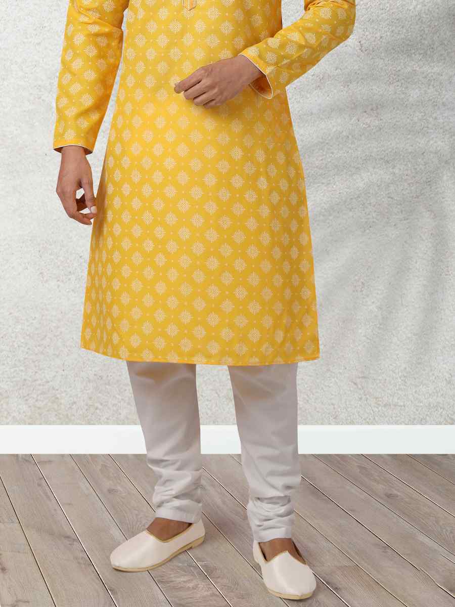 Yellow Hand Loomed In Rich Yarns Of Cotton Printed Festival Wedding Kurta