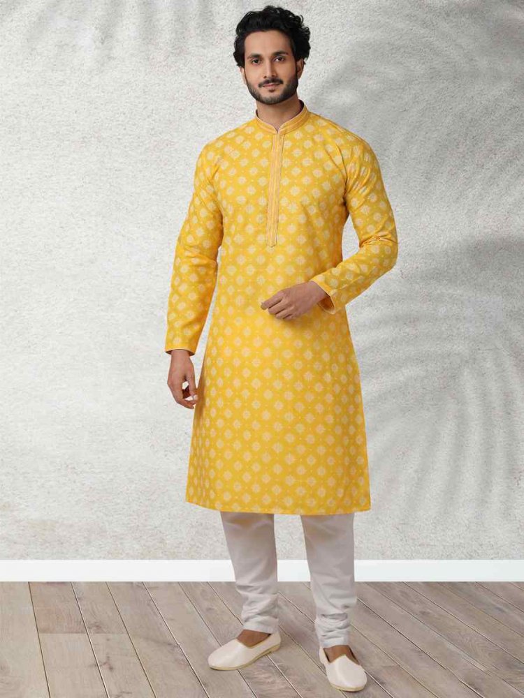 Yellow Hand Loomed In Rich Yarns Of Cotton Printed Festival Wedding Kurta