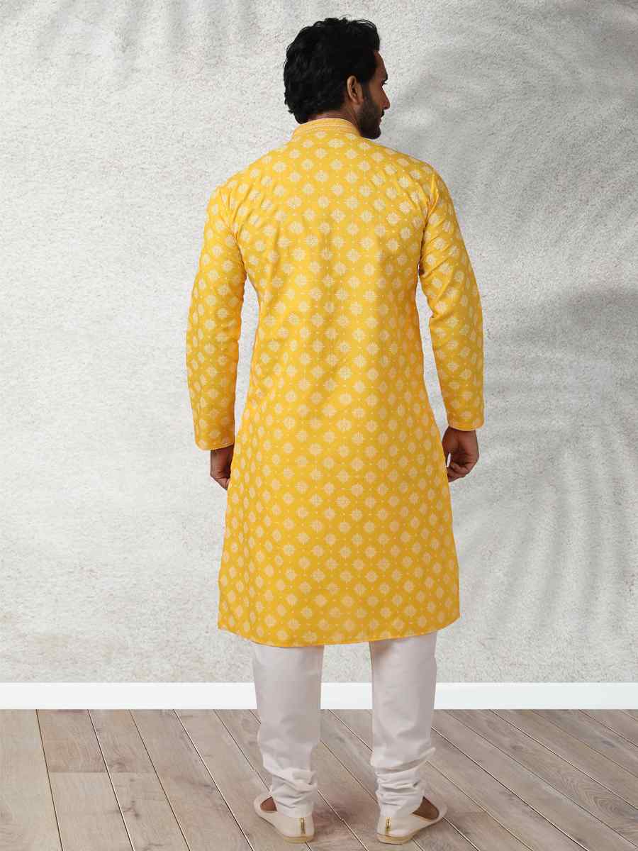 Yellow Hand Loomed In Rich Yarns Of Cotton Printed Festival Wedding Kurta