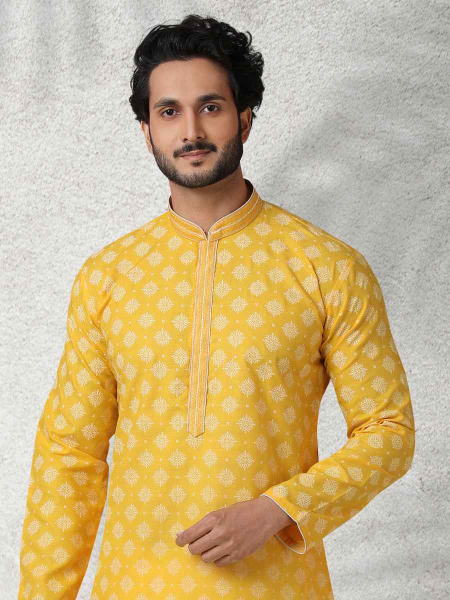 Yellow Hand Loomed In Rich Yarns Of Cotton Printed Festival Wedding Kurta