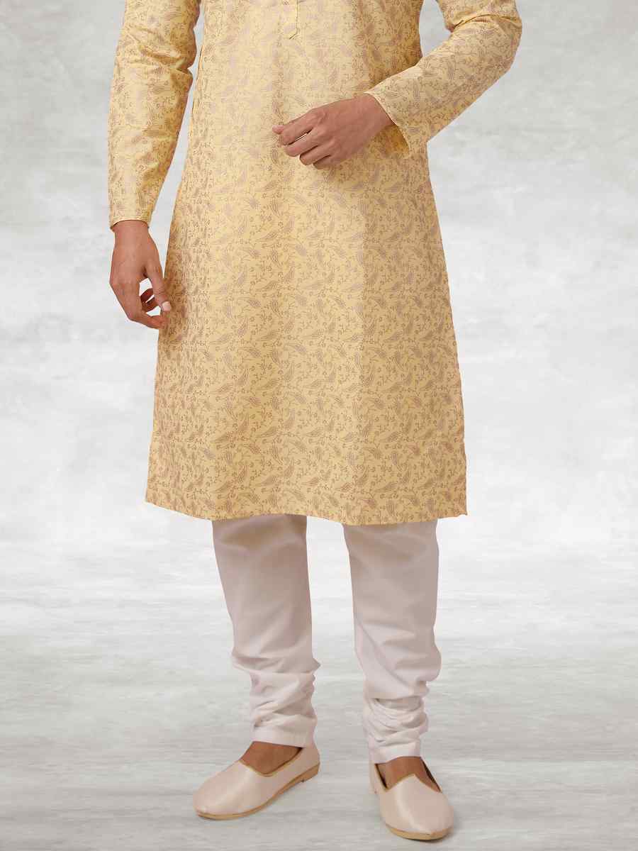 Yellow Hand Loomed In Rich Yarns Of Cotton Printed Party Wedding Kurta