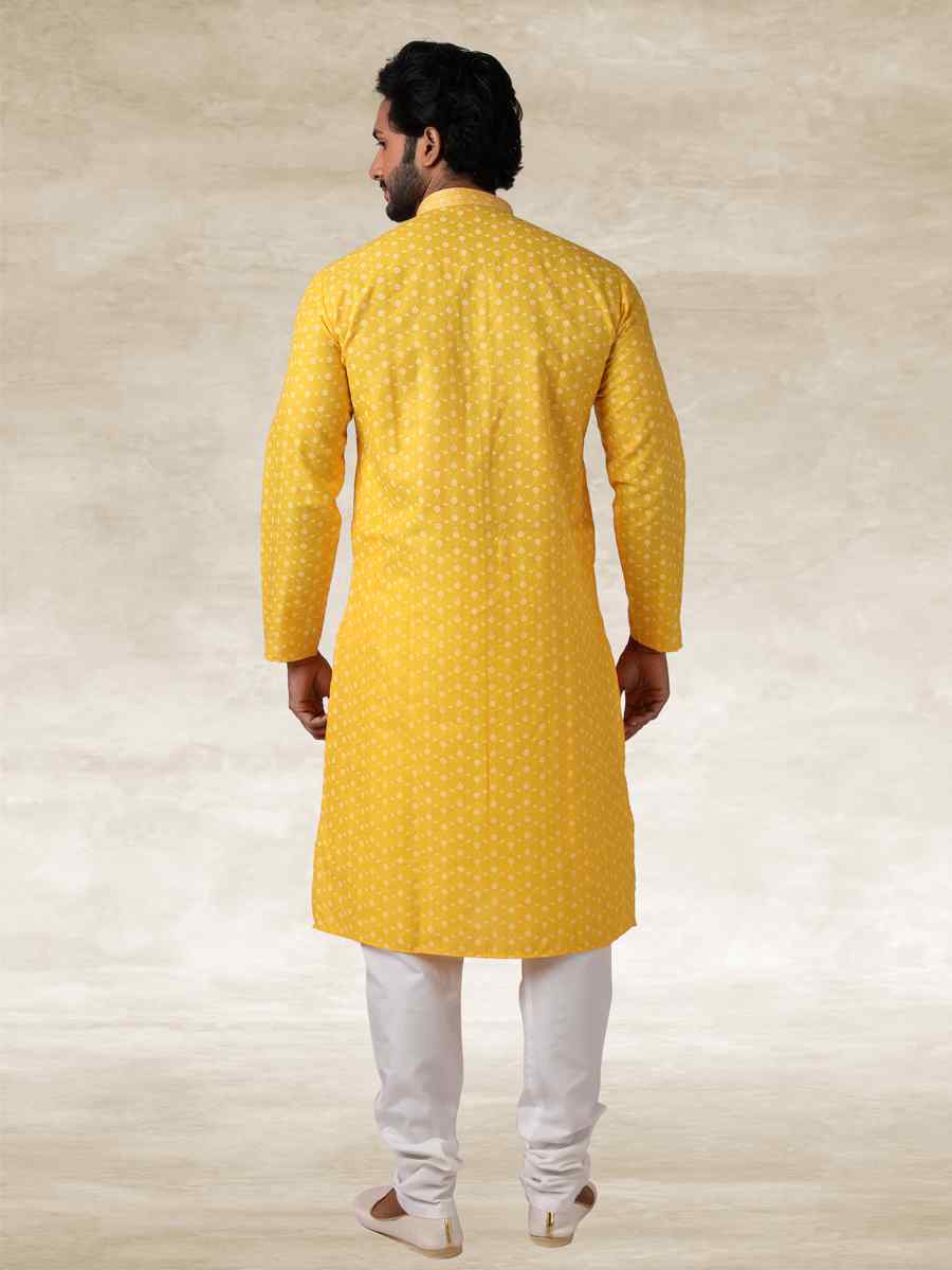 Yellow Hand Loomed In Rich Yarns Of Cotton Printed Party Wedding Kurta