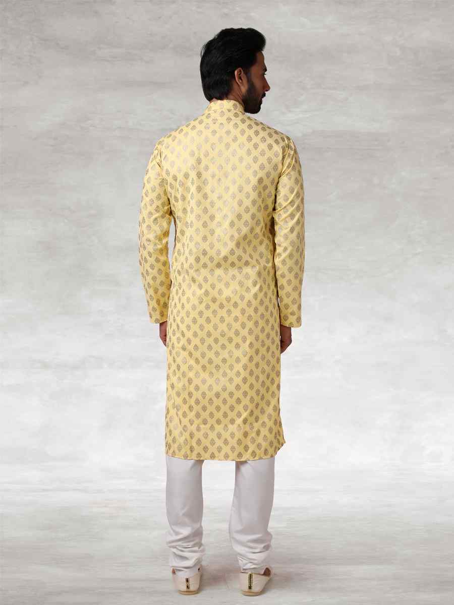Yellow Hand Loomed In Rich Yarns Of Cotton Printed Party Wedding Kurta