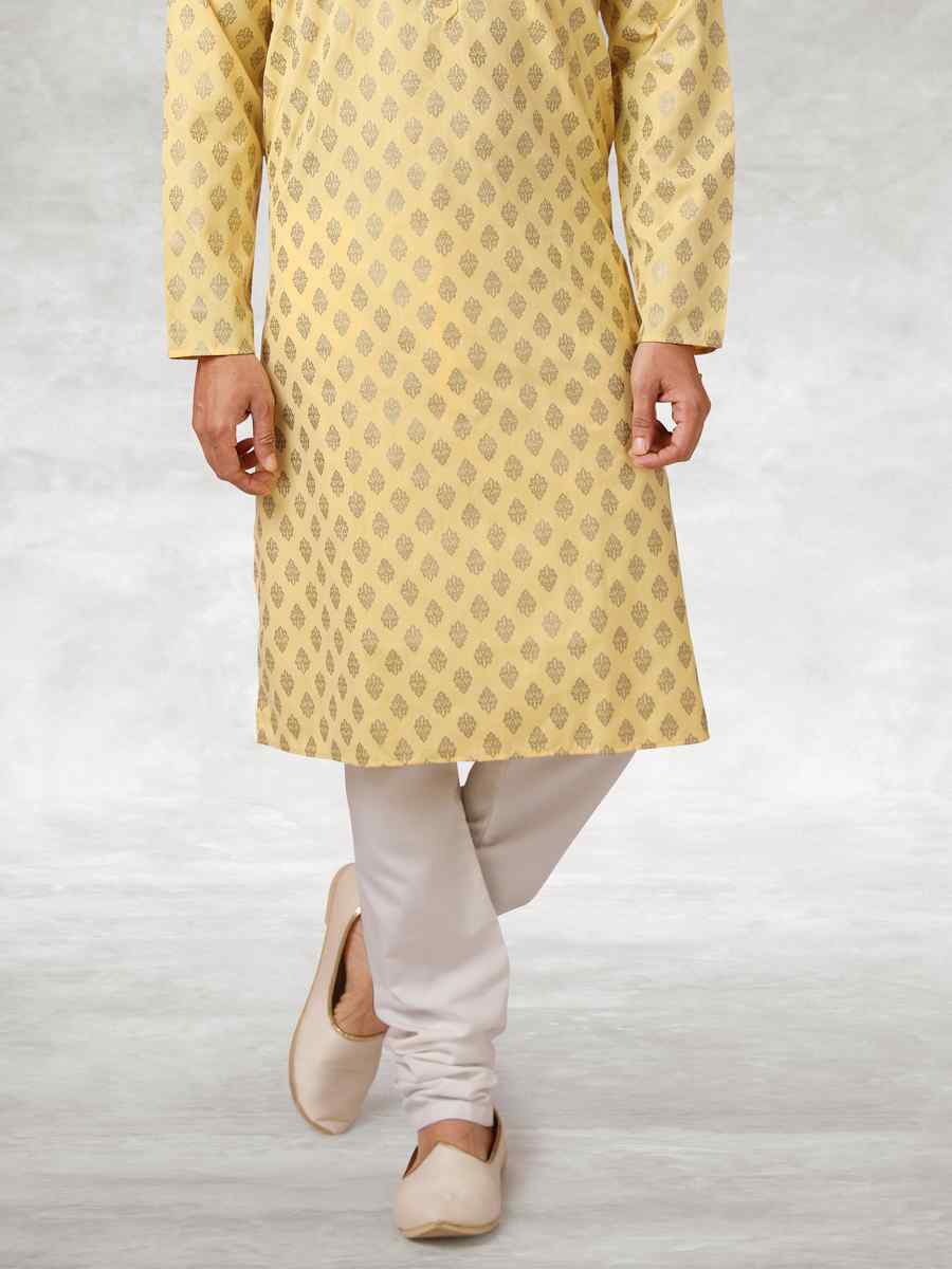 Yellow Hand Loomed In Rich Yarns Of Cotton Printed Party Wedding Kurta