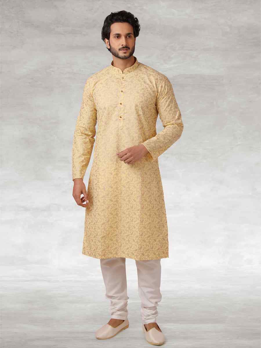 Yellow Hand Loomed In Rich Yarns Of Cotton Printed Party Wedding Kurta