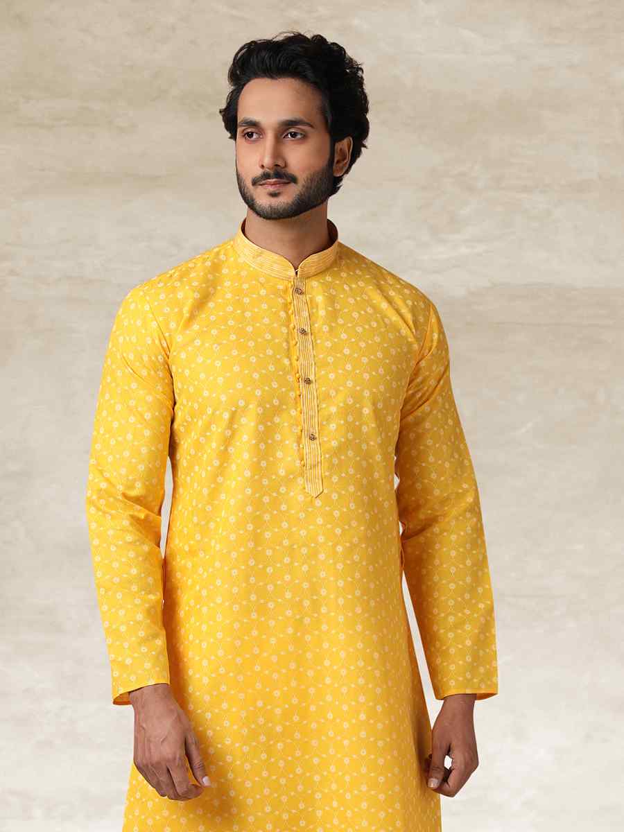 Yellow Hand Loomed In Rich Yarns Of Cotton Printed Party Wedding Kurta