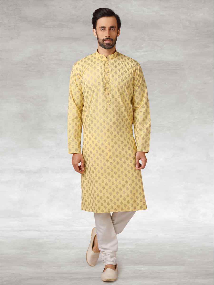Yellow Hand Loomed In Rich Yarns Of Cotton Printed Party Wedding Kurta