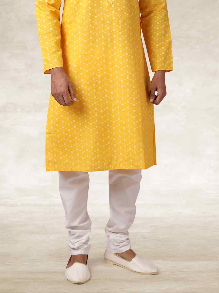 Yellow Hand Loomed In Rich Yarns Of Cotton Printed Party Wedding Kurta