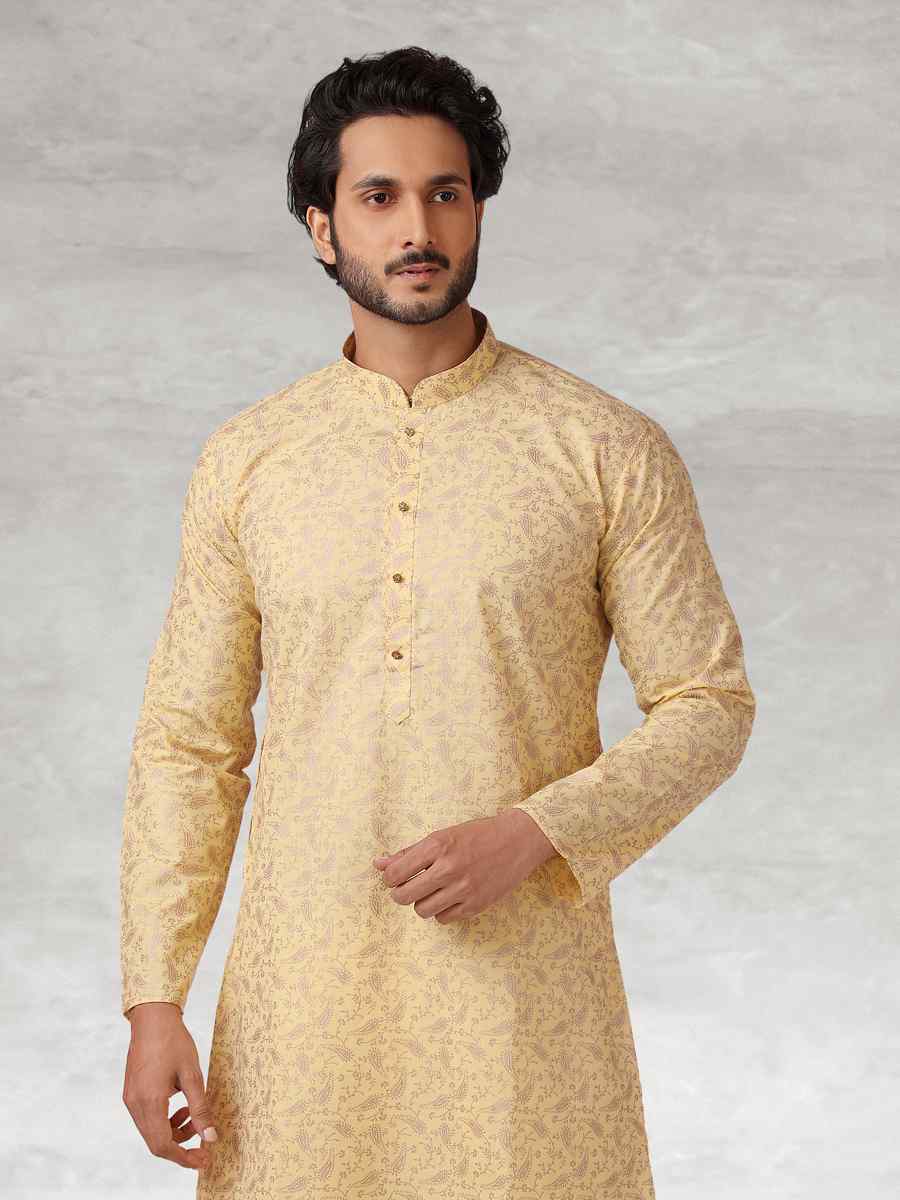 Yellow Hand Loomed In Rich Yarns Of Cotton Printed Party Wedding Kurta