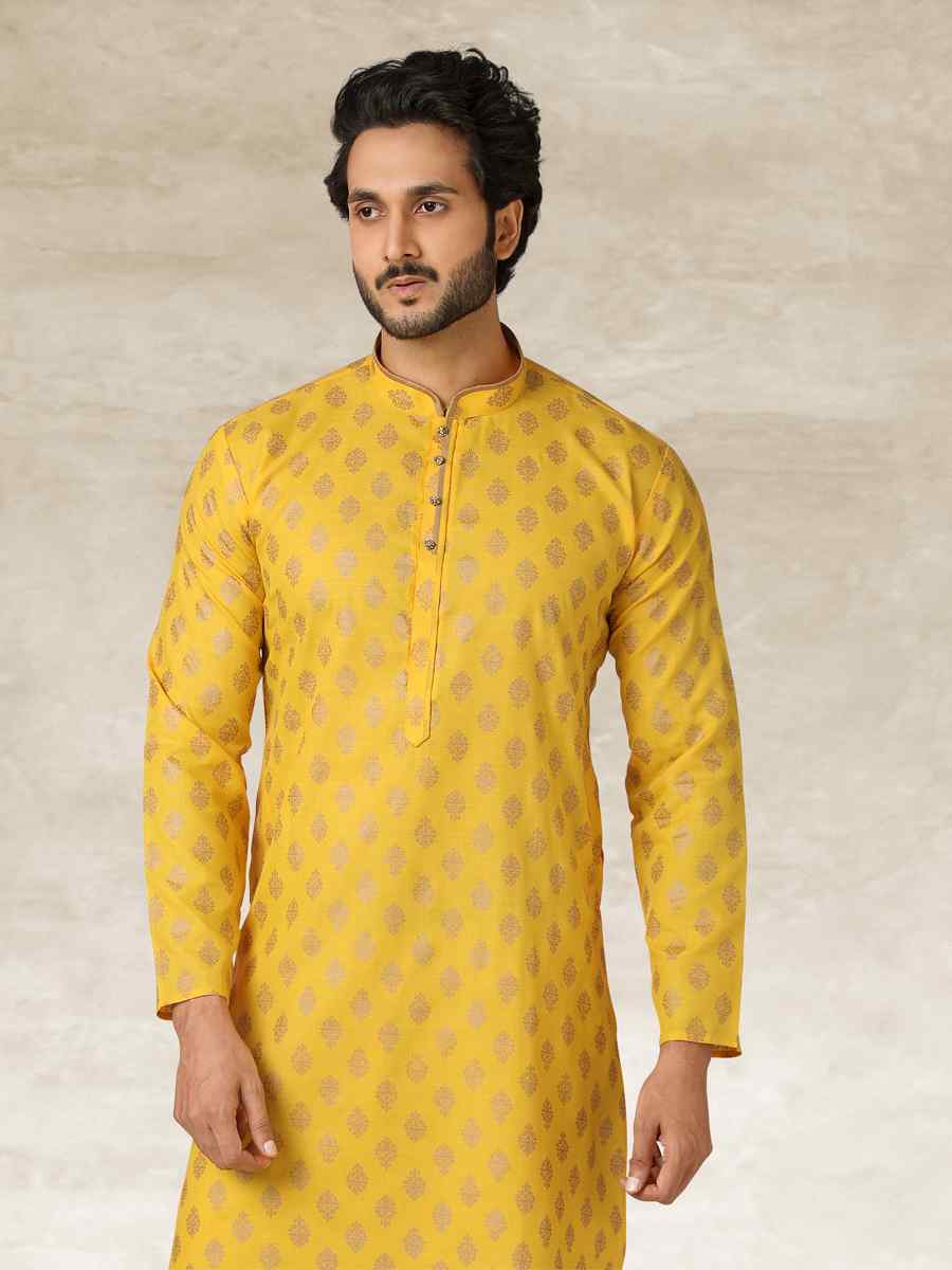 Yellow Hand Loomed In Rich Yarns Of Cotton Printed Party Wedding Kurta