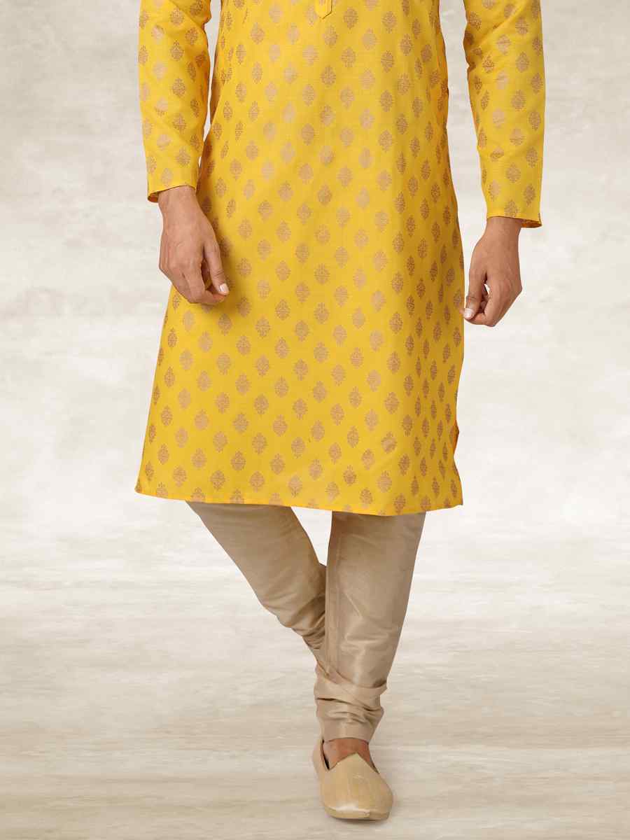 Yellow Hand Loomed In Rich Yarns Of Cotton Printed Party Wedding Kurta