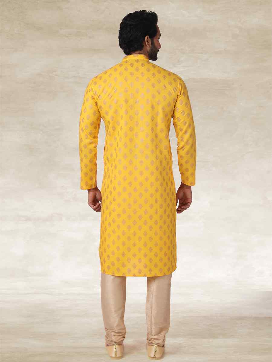 Yellow Hand Loomed In Rich Yarns Of Cotton Printed Party Wedding Kurta