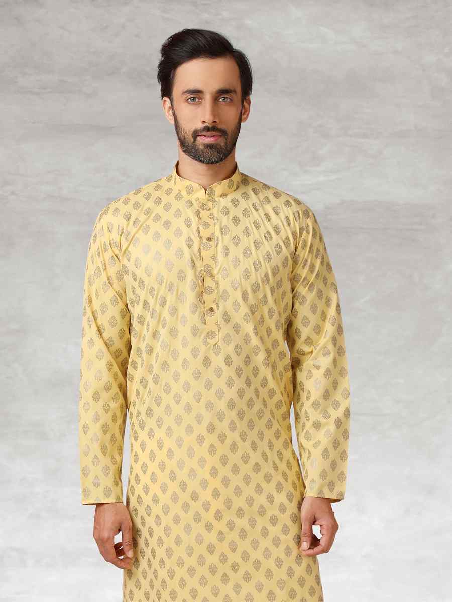 Yellow Hand Loomed In Rich Yarns Of Cotton Printed Party Wedding Kurta