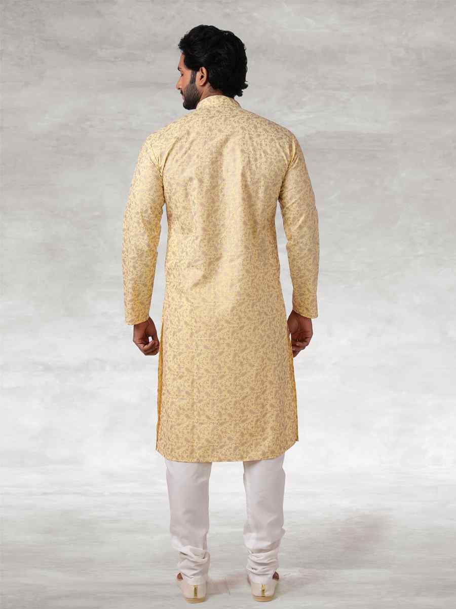 Yellow Hand Loomed In Rich Yarns Of Cotton Printed Party Wedding Kurta