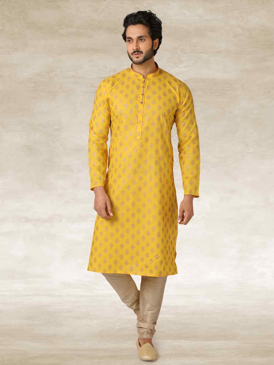 Yellow Hand Loomed In Rich Yarns Of Cotton Printed Party Wedding Kurta