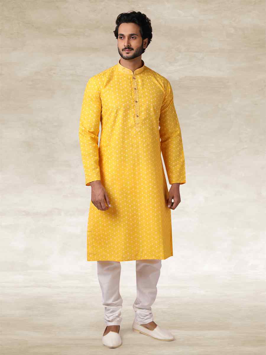 Yellow Hand Loomed In Rich Yarns Of Cotton Printed Party Wedding Kurta