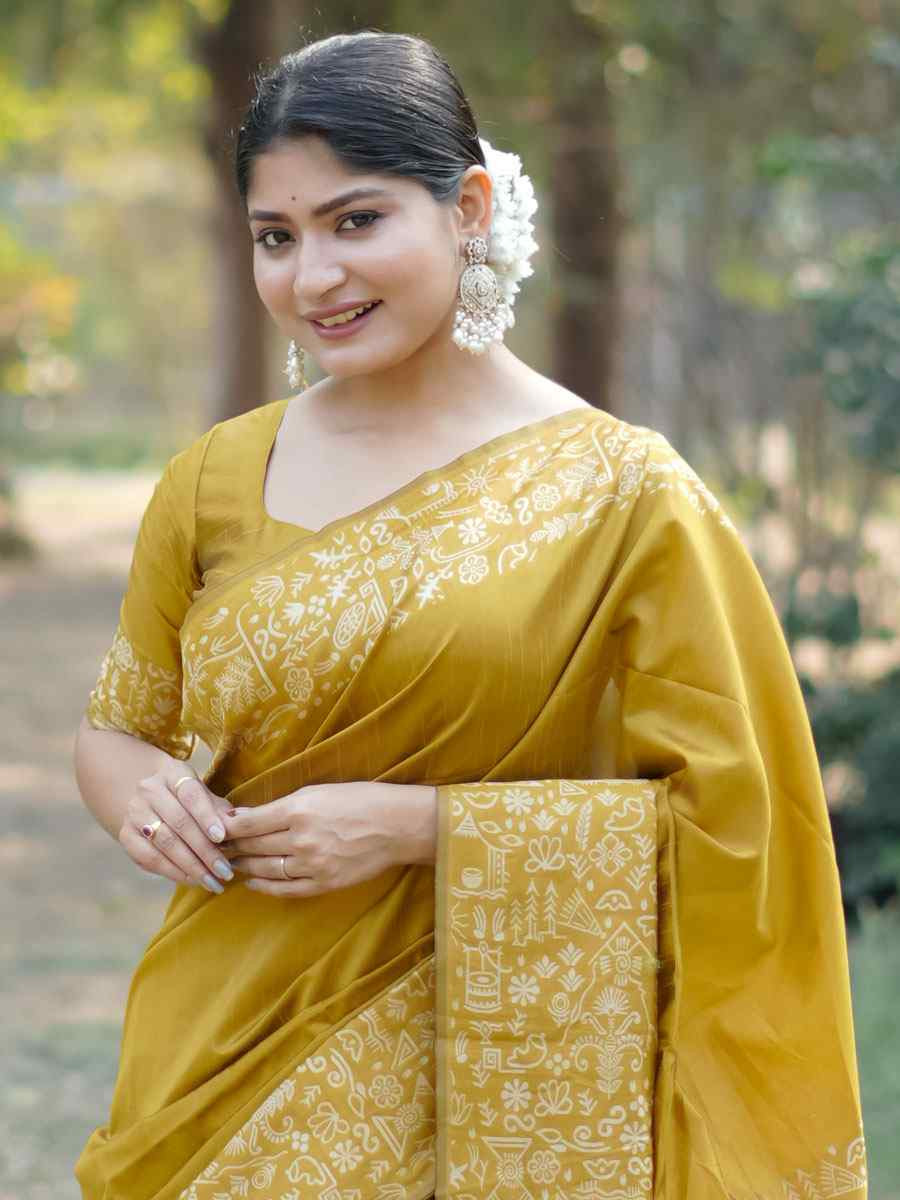 Yellow Handloom Raw Silk Printed Festival Wedding Fancy Heavy Border Saree