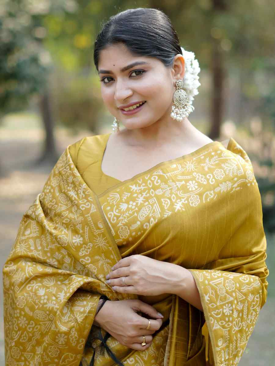 Yellow Handloom Raw Silk Printed Festival Wedding Fancy Heavy Border Saree