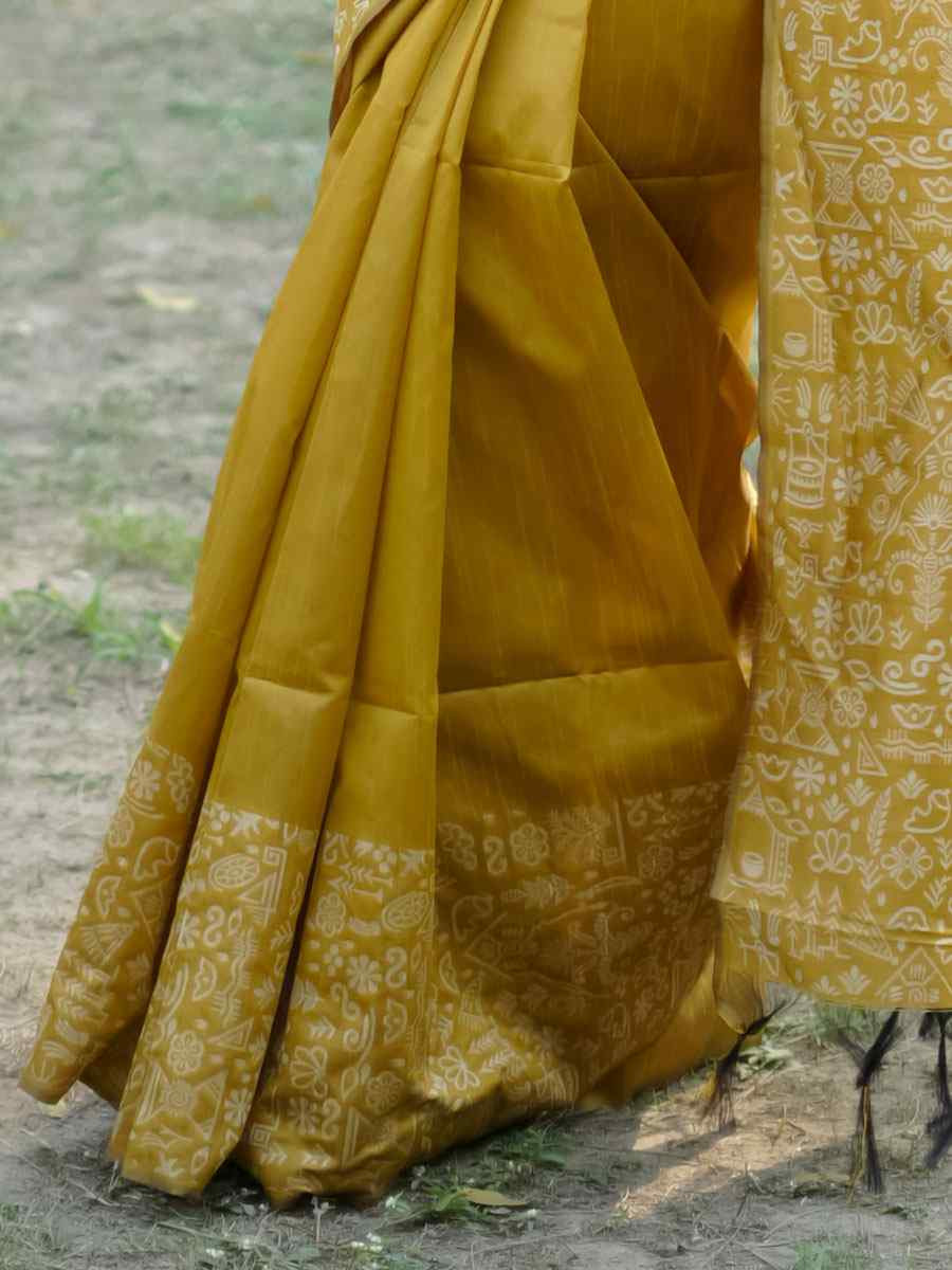 Yellow Handloom Raw Silk Printed Festival Wedding Fancy Heavy Border Saree