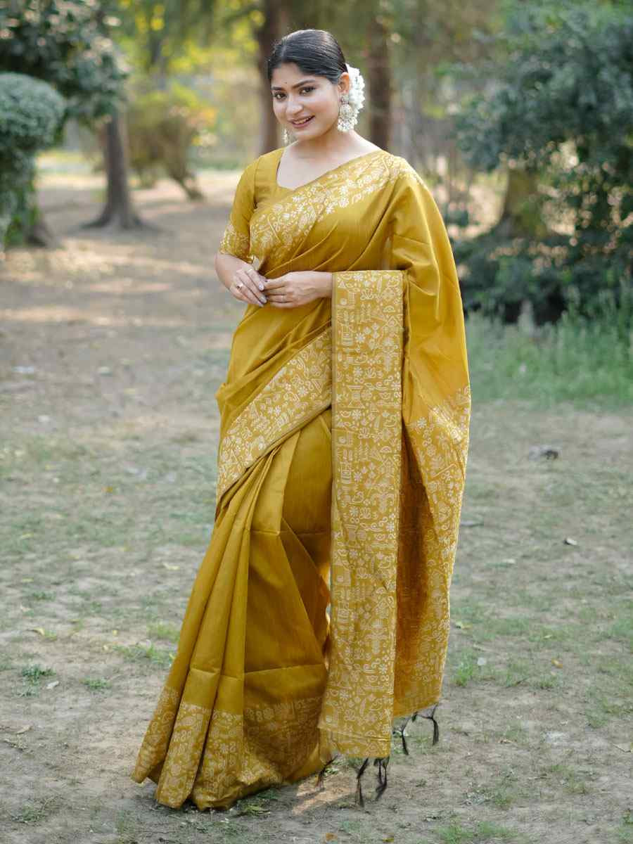 Yellow Handloom Raw Silk Printed Festival Wedding Fancy Heavy Border Saree