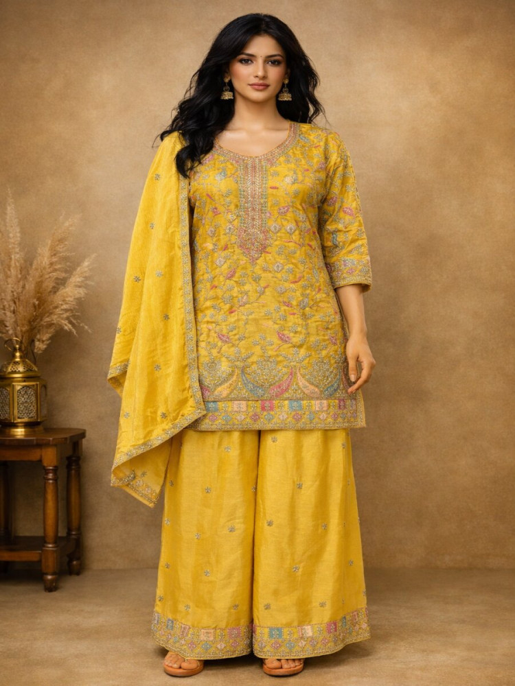 Image of Yellow Heavy Airtex Chinon Embroidery Wedding Party Festival Casual Ready Palazzo Pant Salwar Kameez